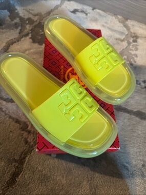 Tory Burch Neon Yellow Logo Slide Sandals with Clear Platform